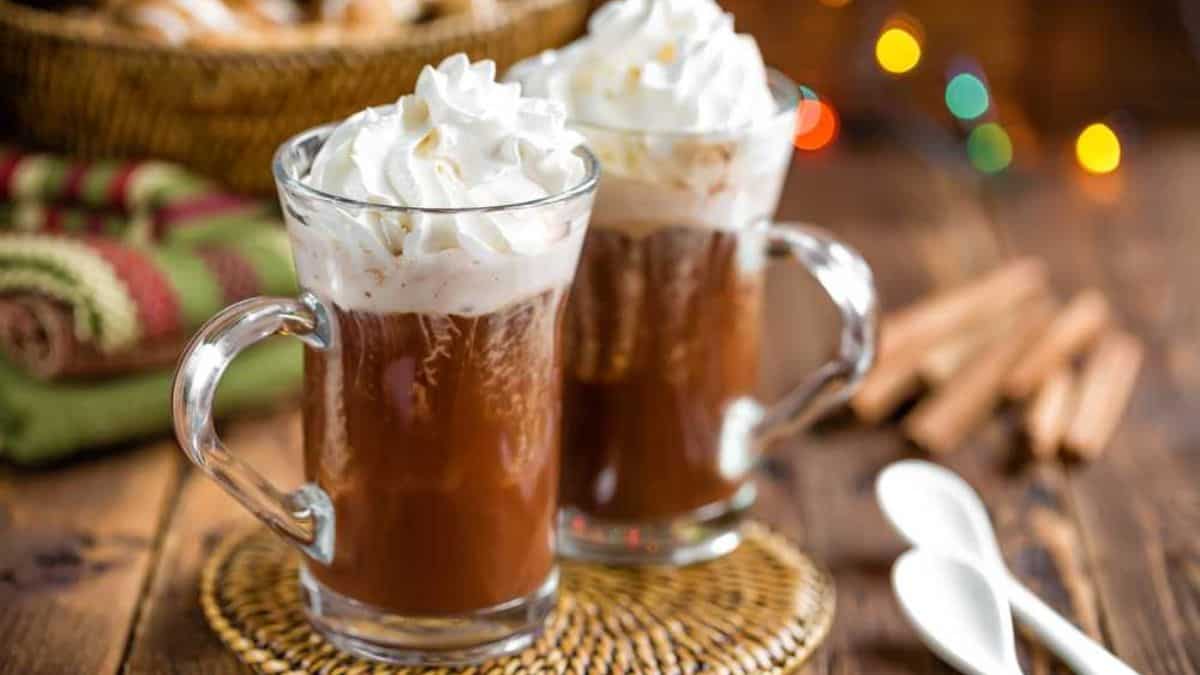 hot chocolate in mugs with whipped cream