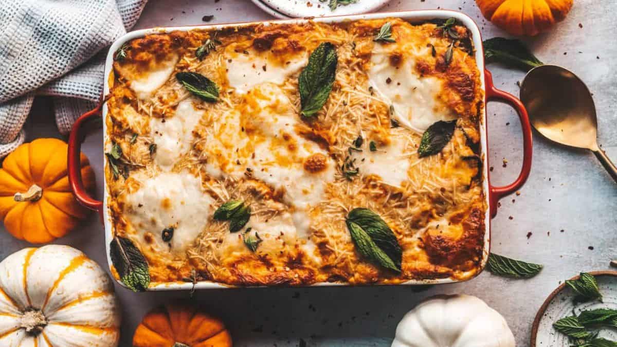 baking dish with pumpkin lasagna with a cheese crust