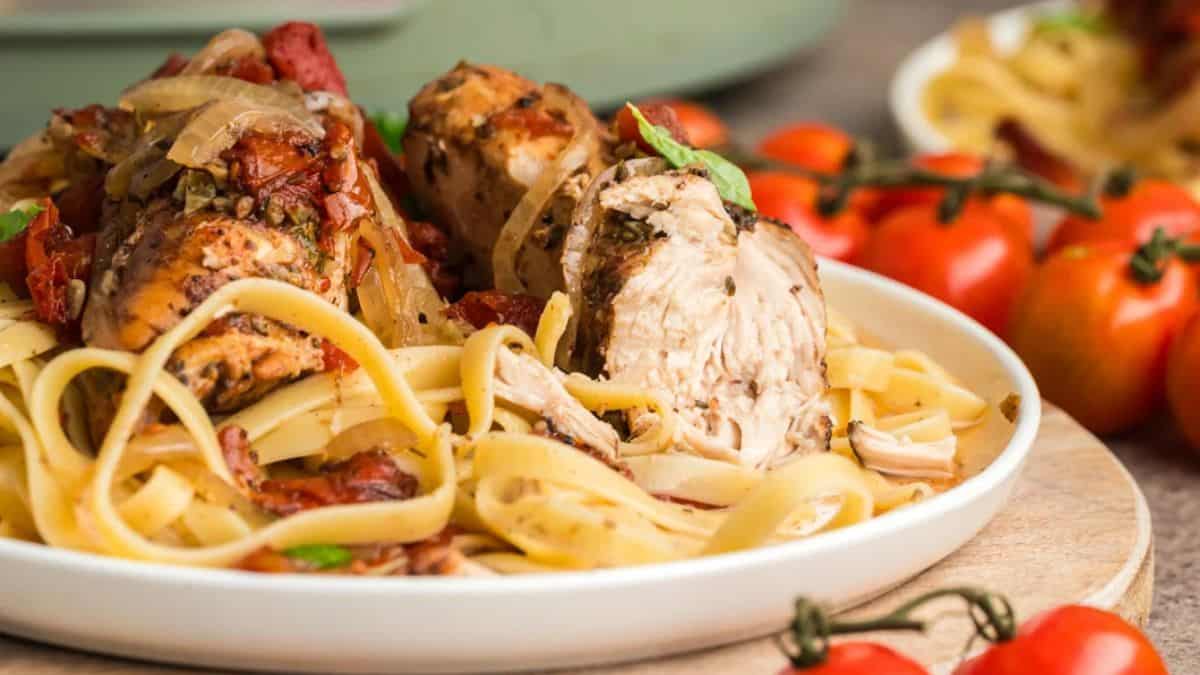 Balsamic chicken over pasta.