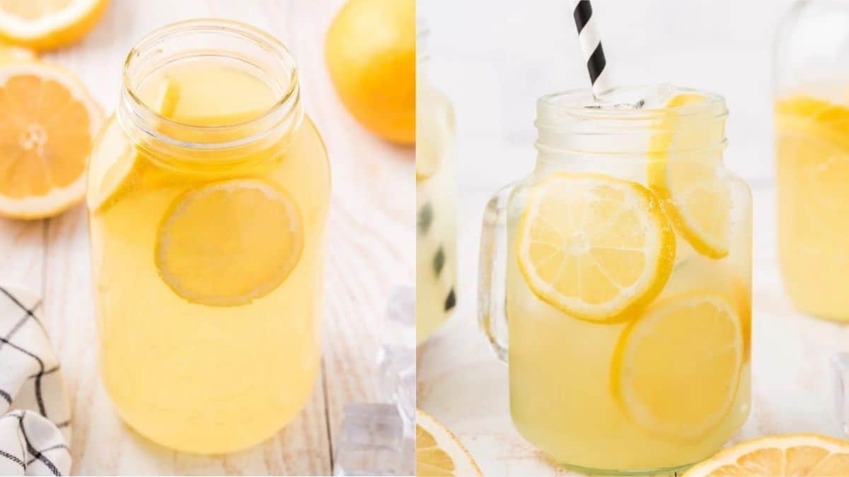 Hard lemonade on a stylish cup with lemon slices.