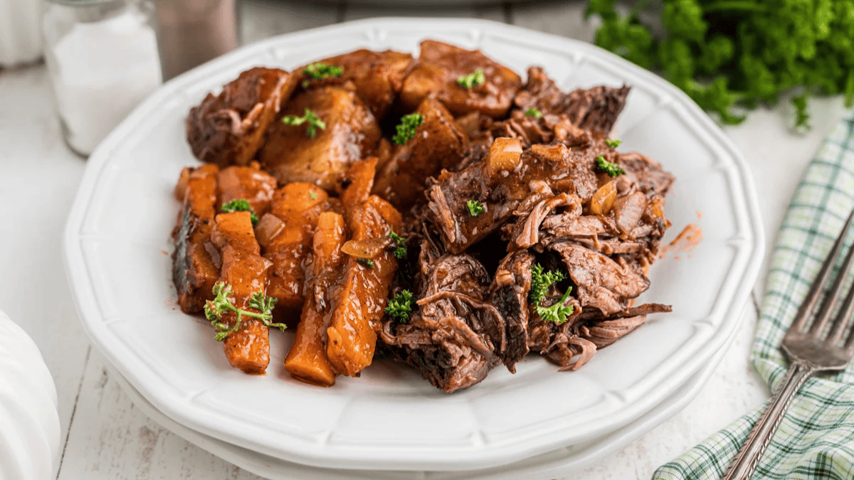 A plate of slow-cooked Italian pot roast.