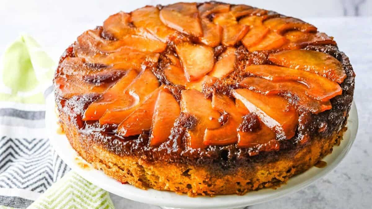 Whole serving of pear upside-down cake.