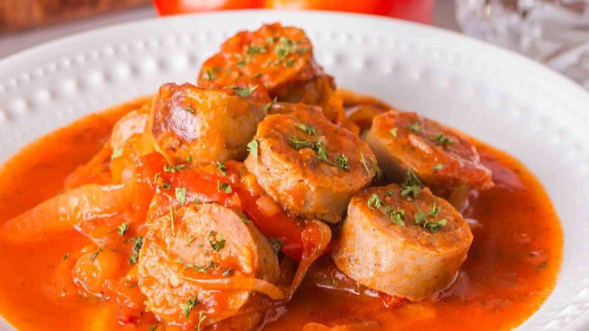 Beautifully plated slow-cooker sausage and peppers.