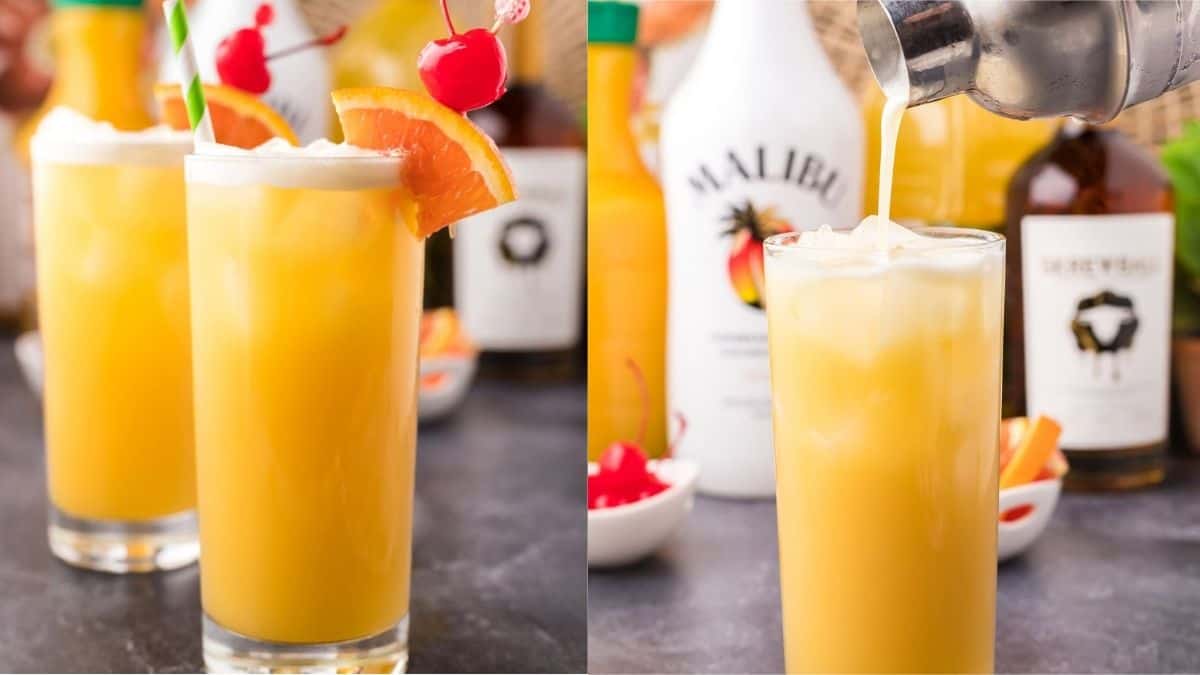 Beautiful glass of skrew loose cocktail with orange and cherry on the side of the glass.