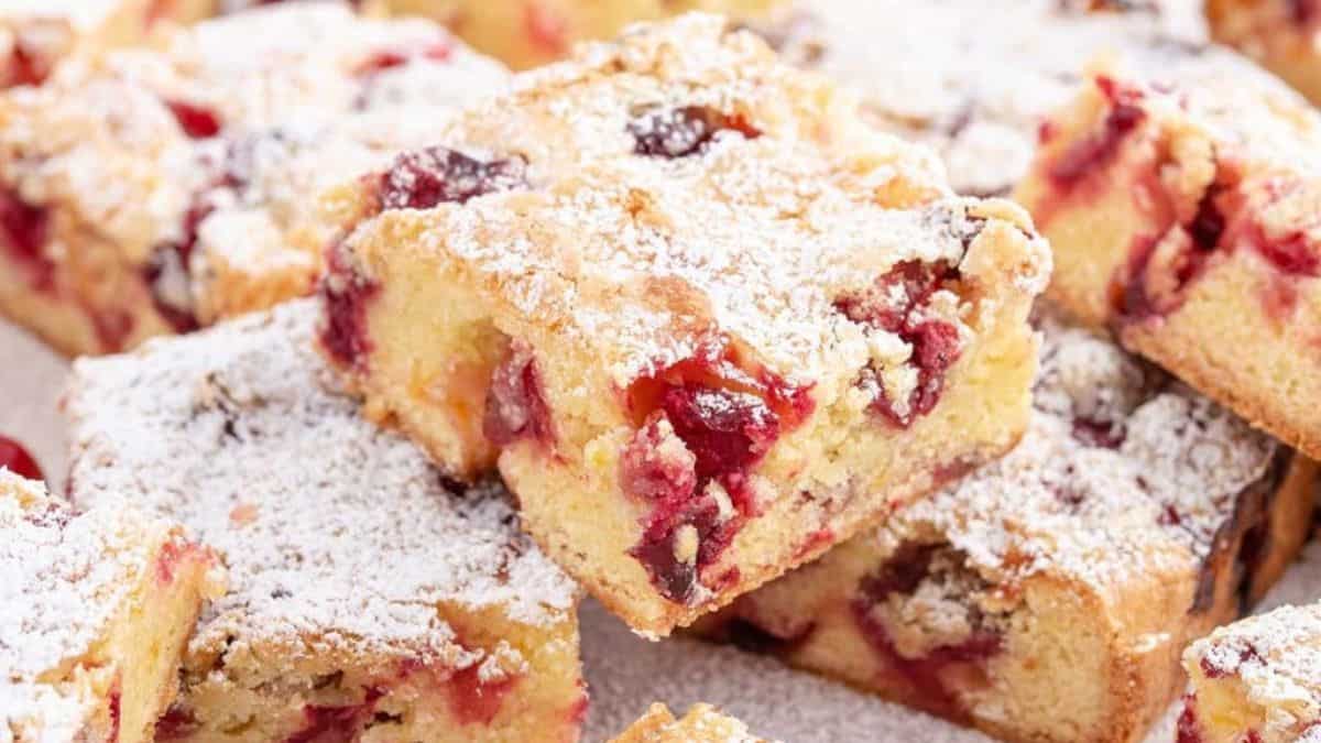 Cranberry cake slices in squares.