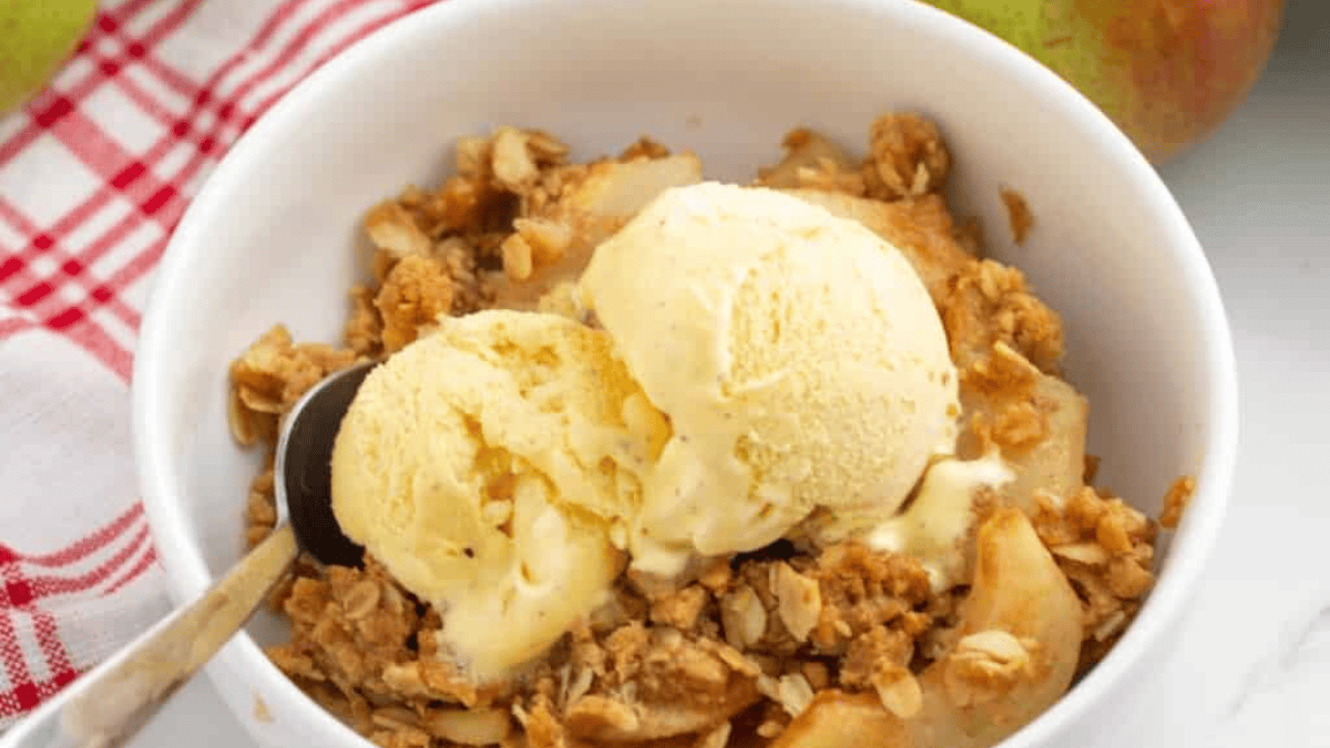 Heaven in a bowl of pear crisp with vanilla ice cream.