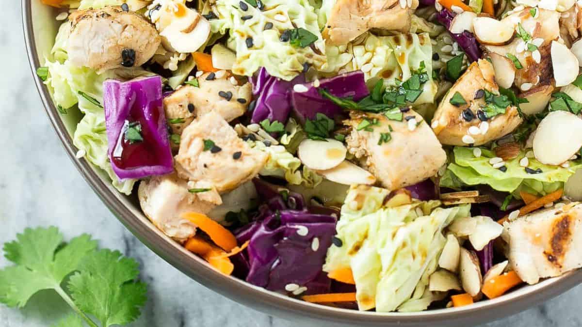 Bowl of Asian chopped chicken salad.