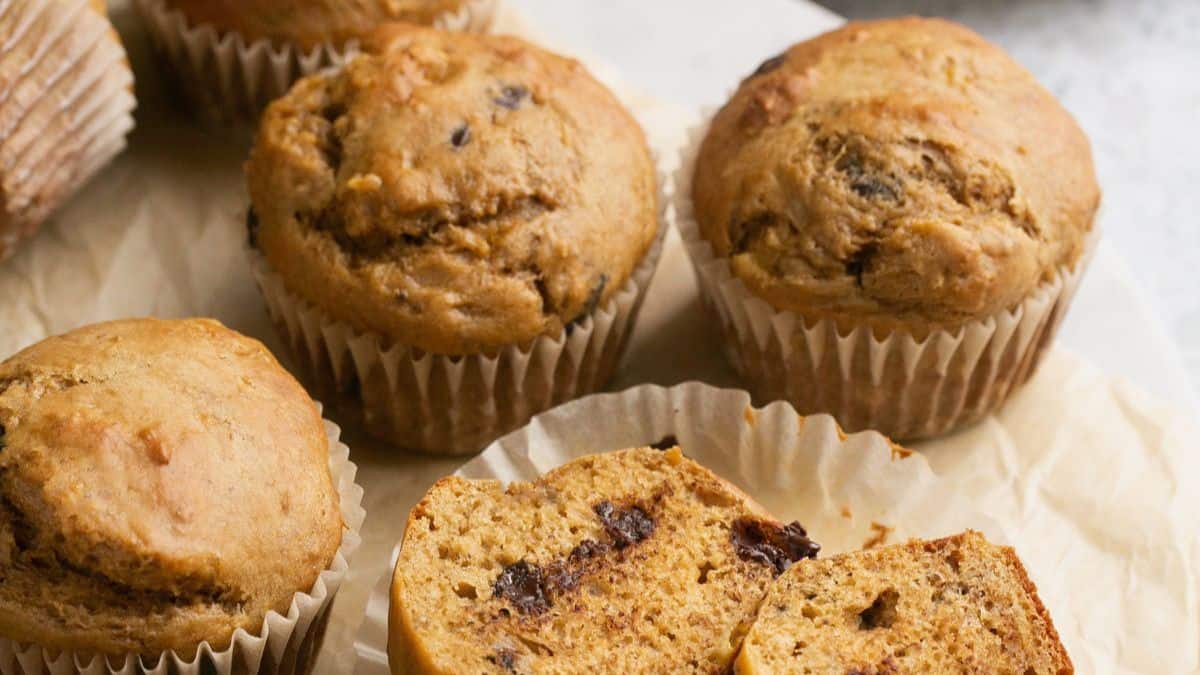 Freshly baked banana protein muffins.