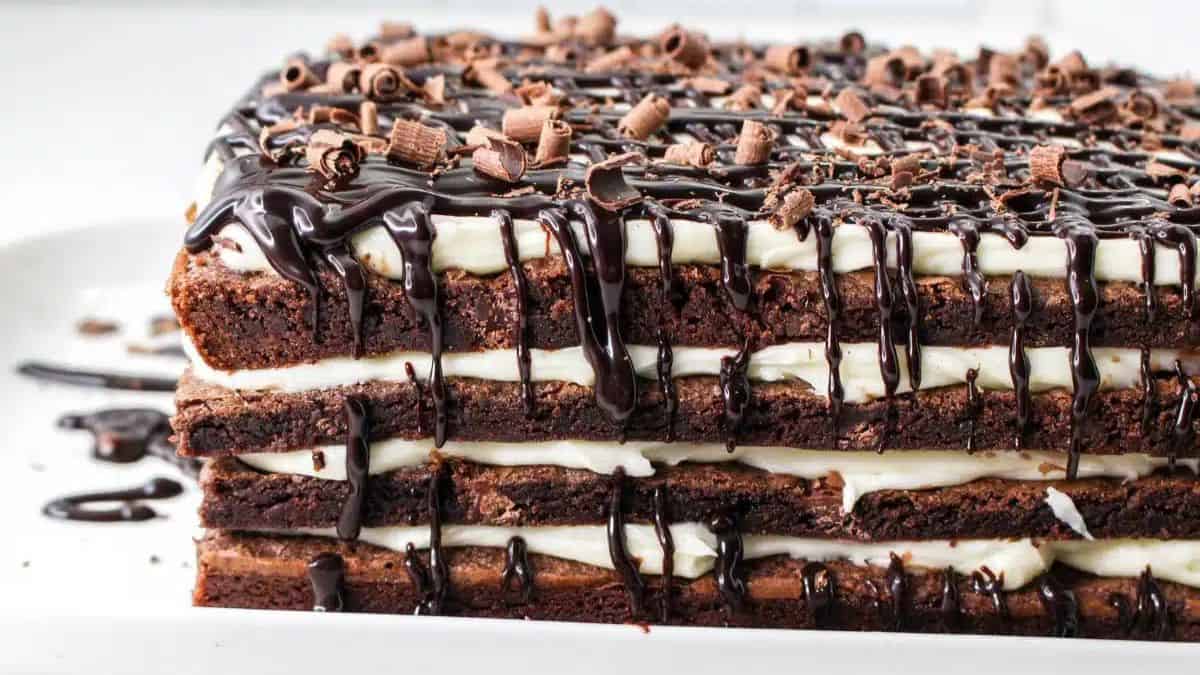 Enticing brownie lasagna.