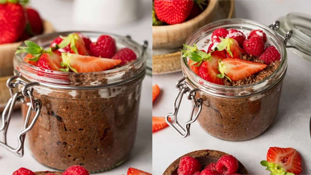 A jar of chocolate chia pudding with strawberries.