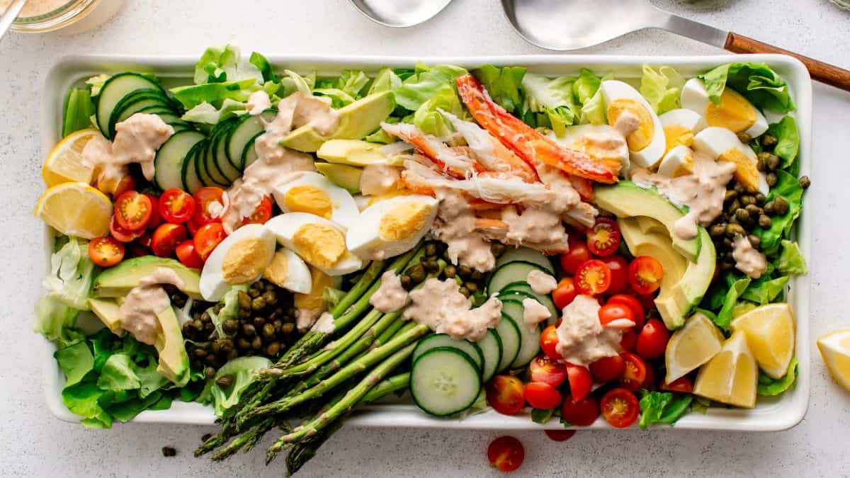 A colorful plate of crab Louie salad.