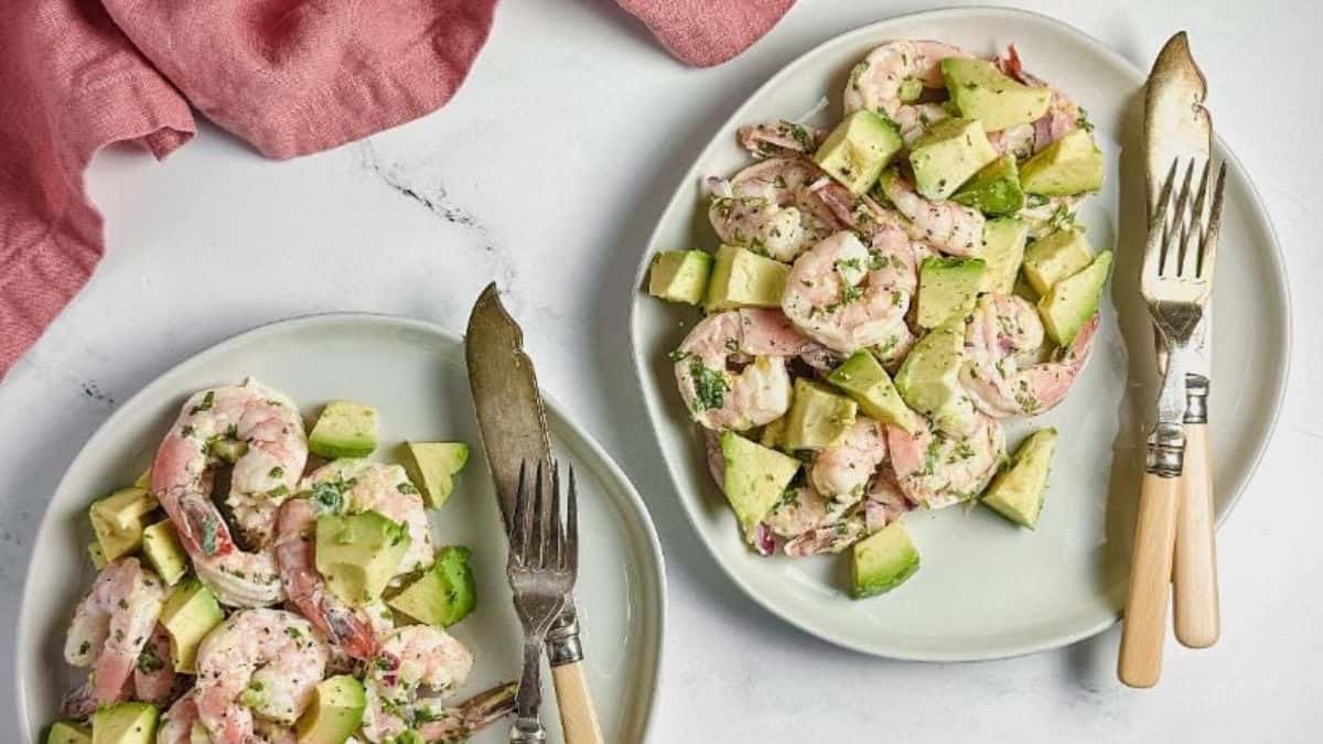 Gorgeously plated shrimp salad.