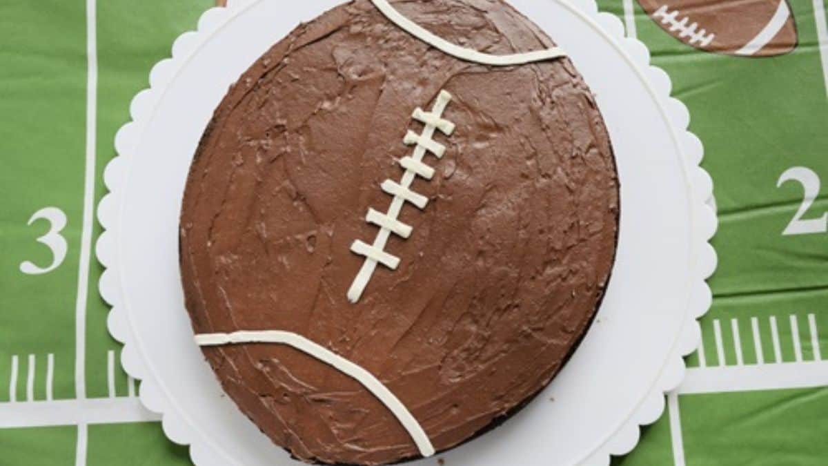 Football brownie in a white pan.