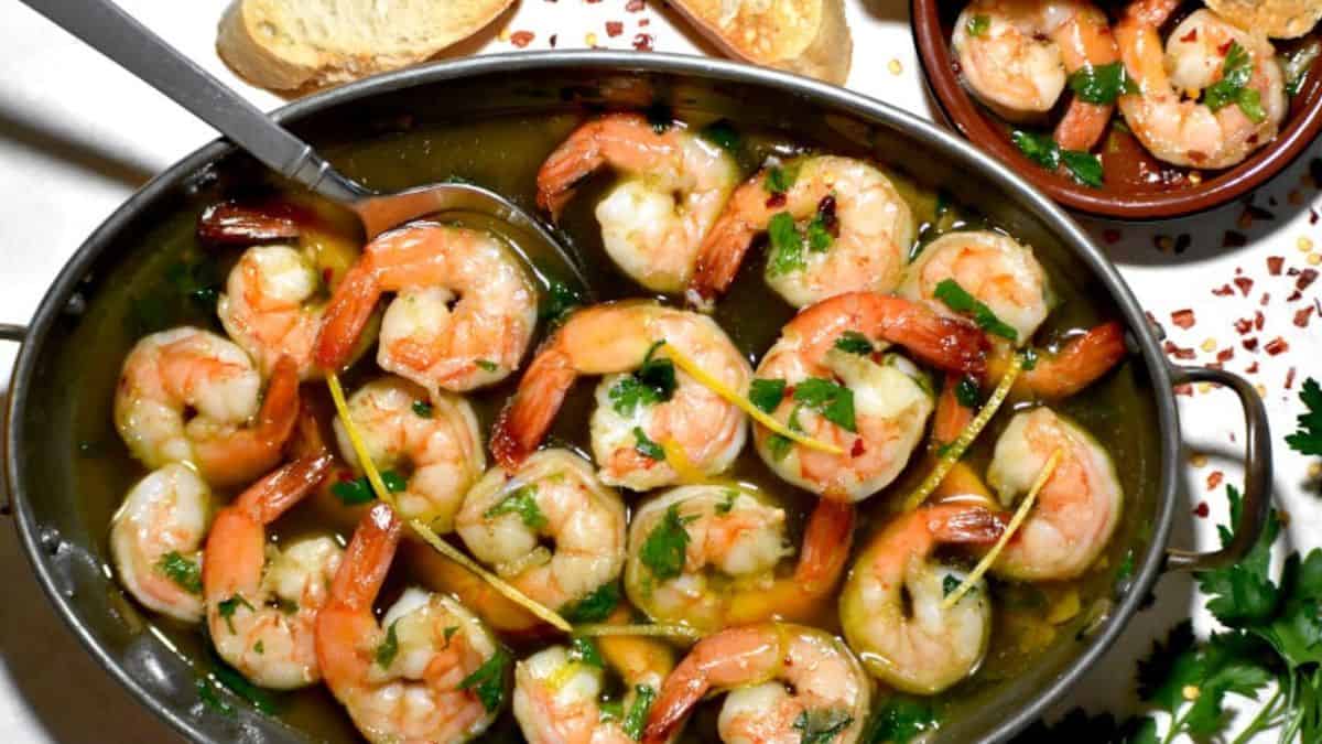 Freshly cooked gambas al ajillo or Spanish garlic shrimp.