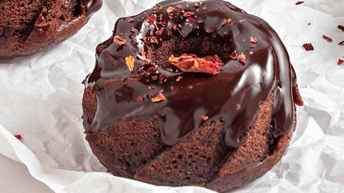 Perfectly glazed mini chocolate bundt cakes.