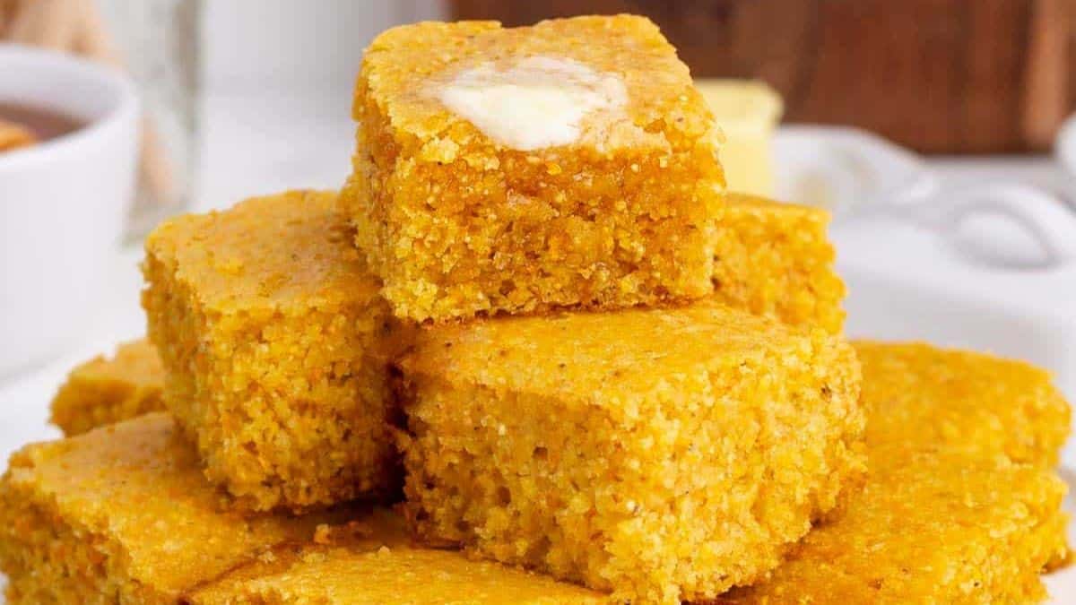 Corn bread sliced in squares with melting butter.