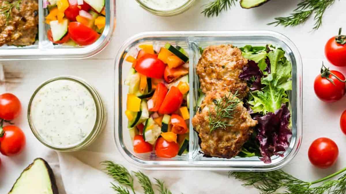 Healthy Greek chicken meal prep in a lunch box.