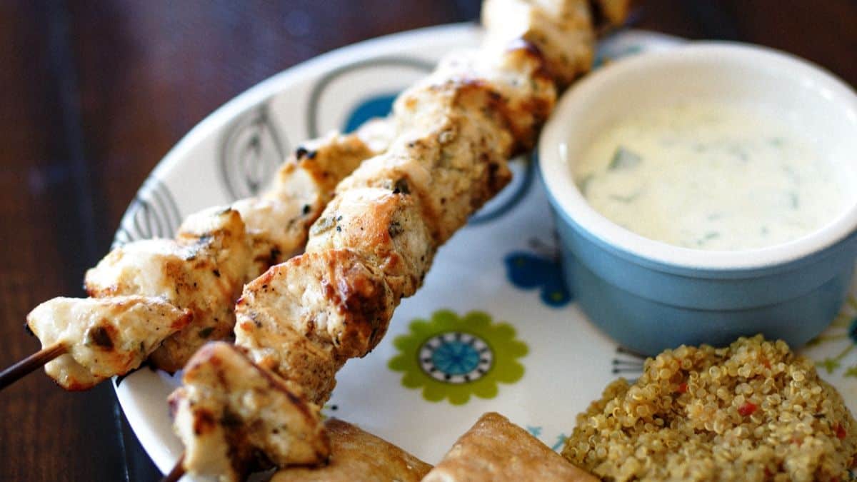 Beautifully grilled Greek chicken skewers.