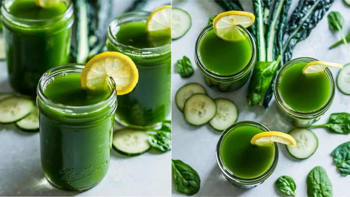 Glasses of energizing green juice with limw.