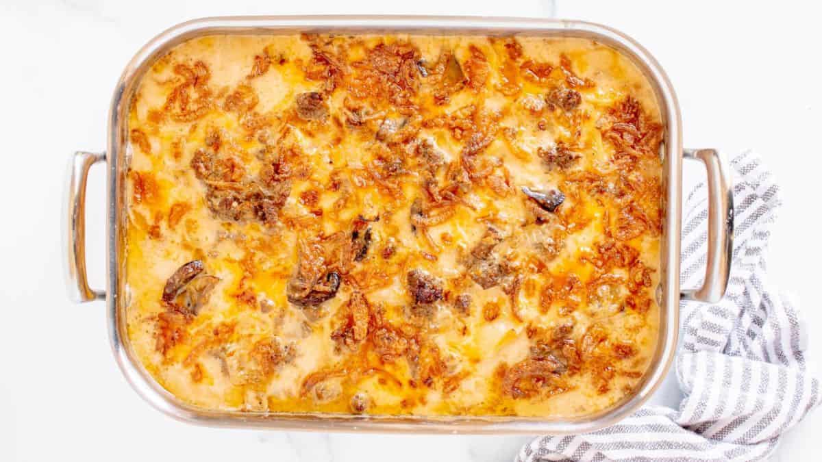 whole serving of freshly cooked old fashioned hamburger casserole.