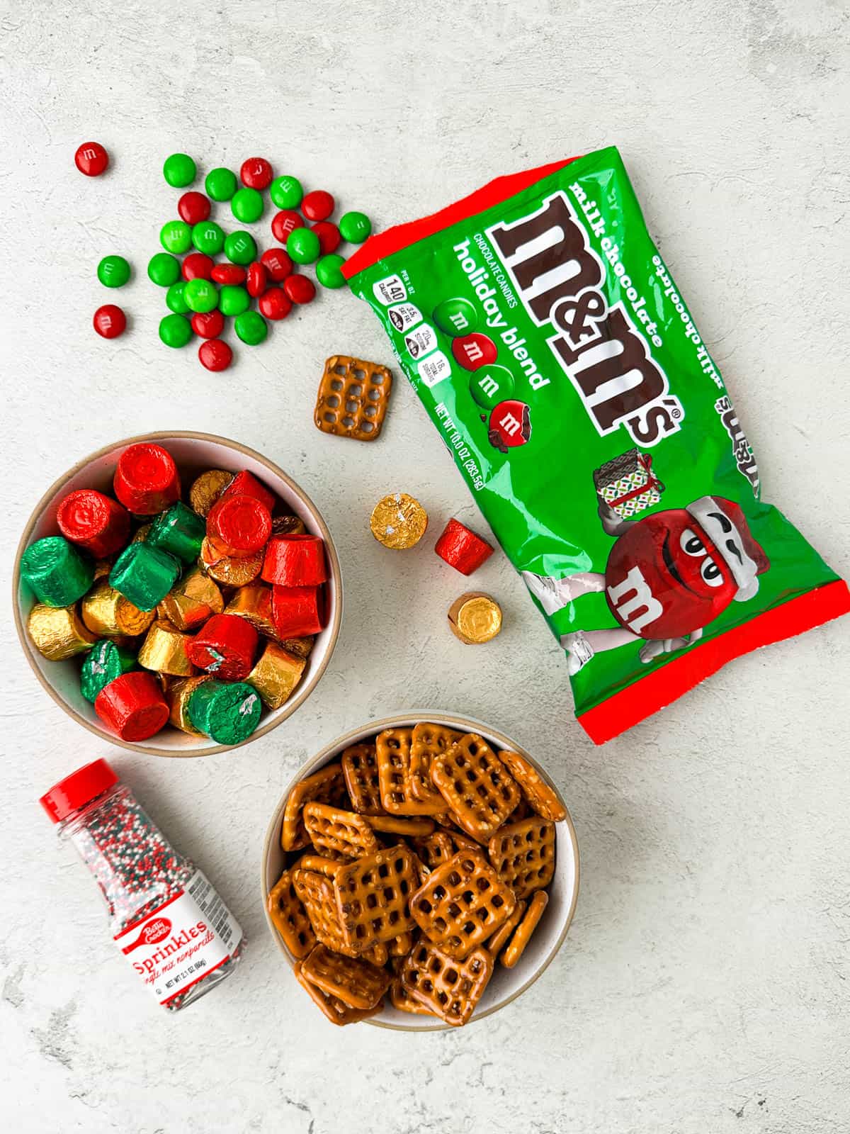 Ingredients needed for Christmas Rolo Pretzel Bites
