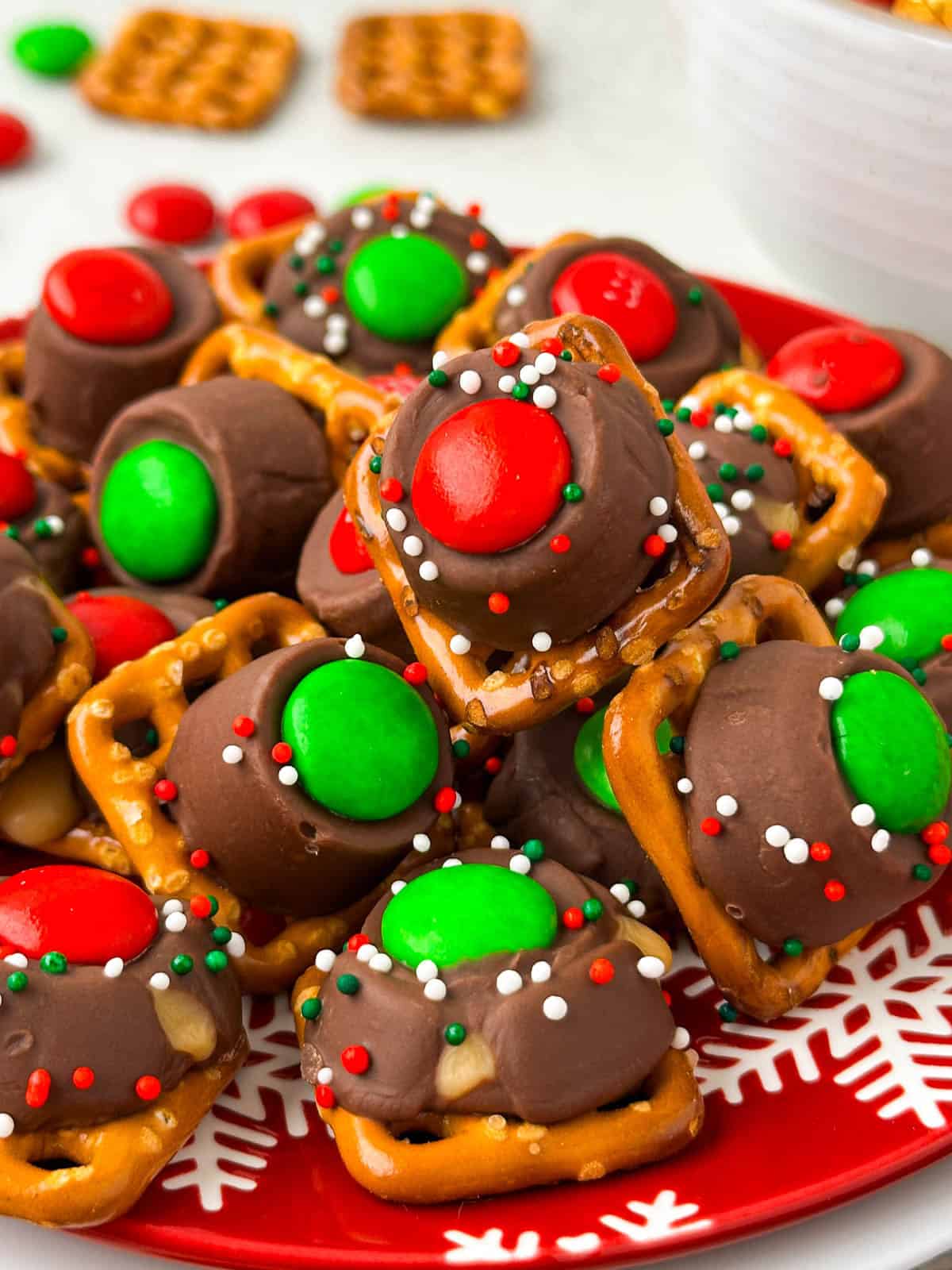 Close up shot of Christmas Rolo Pretzel Bites
