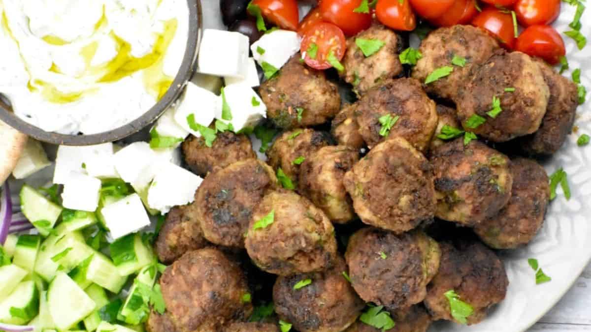 Delicious keftedes or Greek meatballs in a mezze platter,
