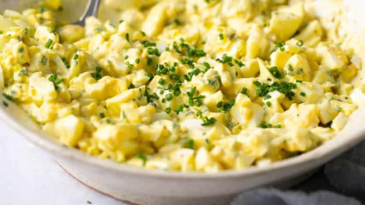 A bowl of freshly made egg salad.