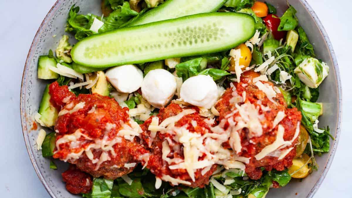 A serving of Italian meatball salad.