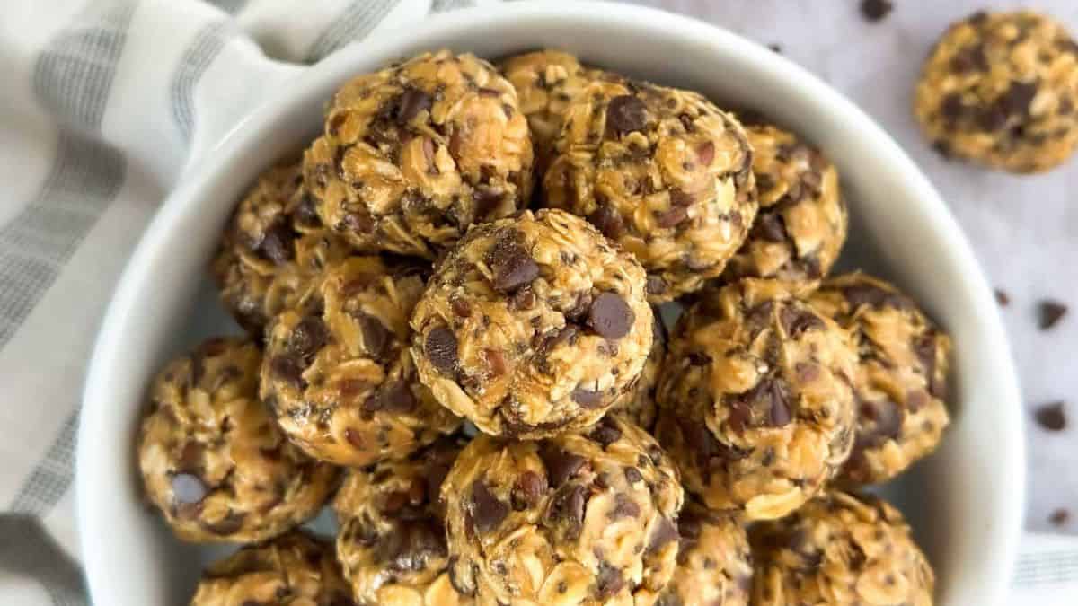 A bowl of no-bake peanut butter energy balls.