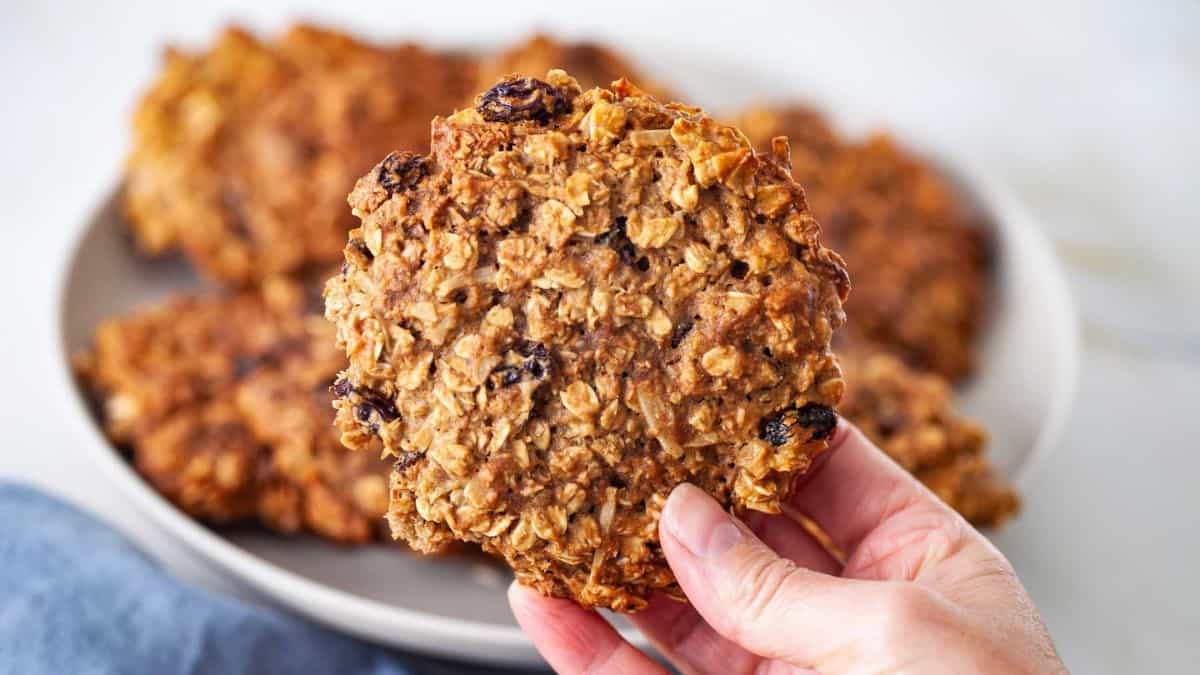 The best gluten-free oatmeal raisins cookie in a hand.