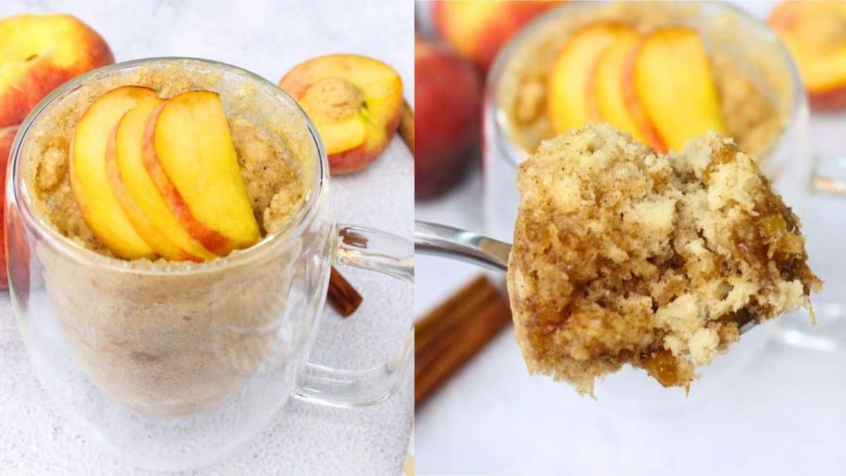 A serving of esy peach mug cake.