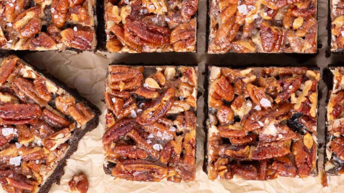 Slices of pecan pie brownies.