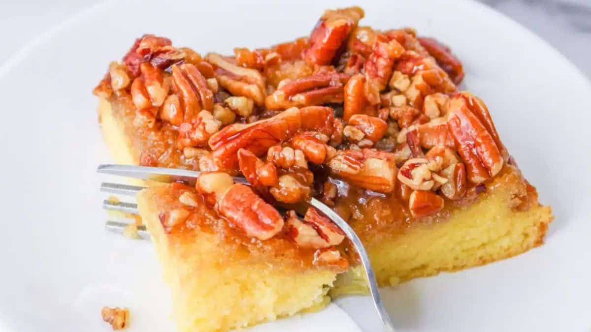 Perfect sliced of pecan upside down cake.