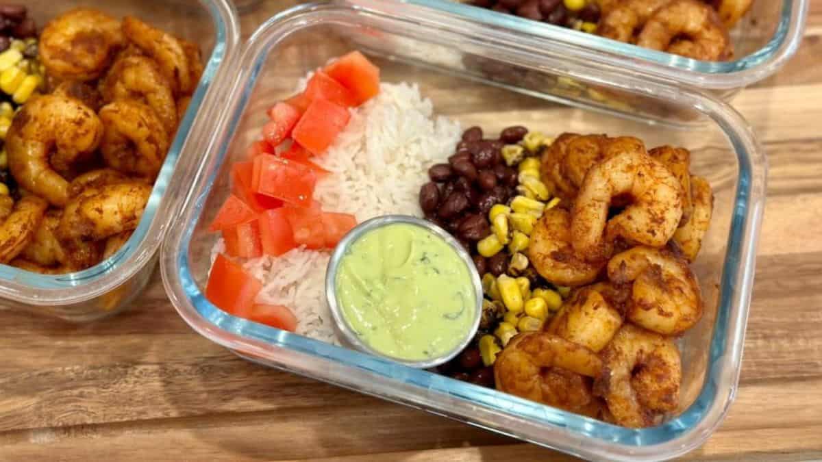 Perfectly prepared shrimp burrito bowls meal prep.