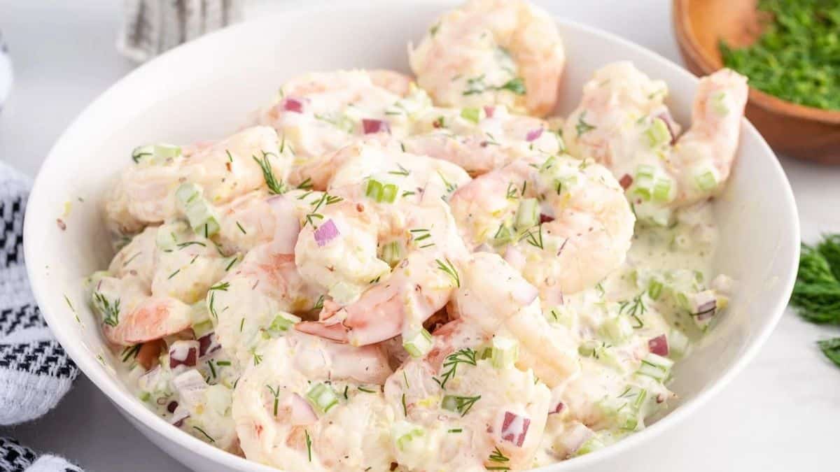 A bowl of shrimp salad