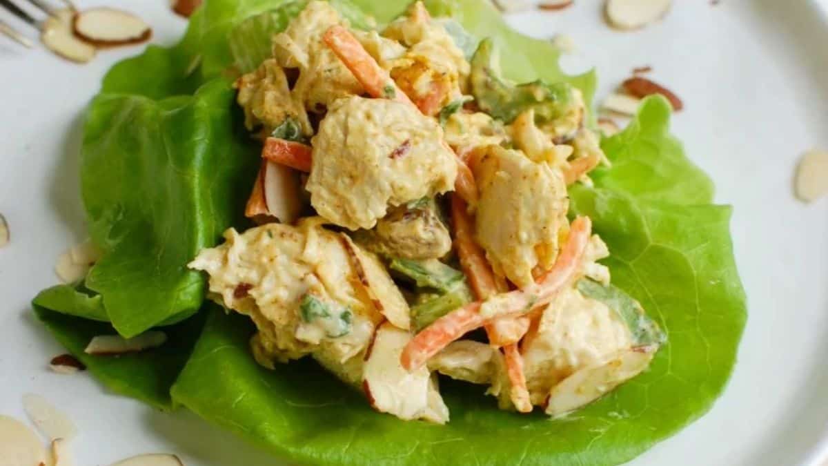 A serving of simple curry chicken salad.