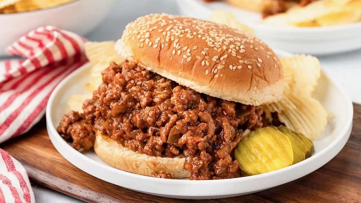 Generous serving of old fashioned sloppy joes recipe in a bun.