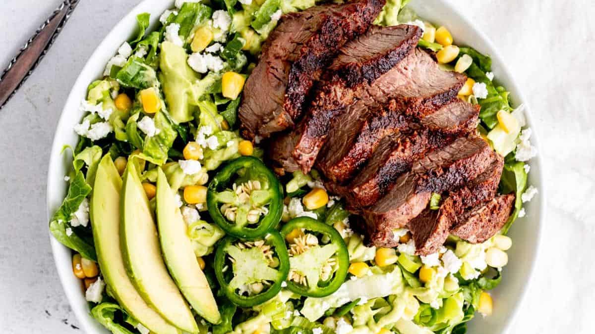 Perfectly plated Steak avocado salad.