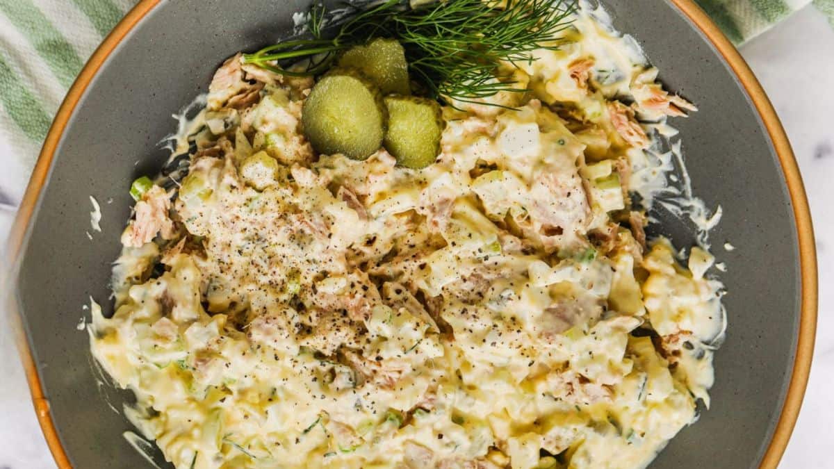 A bowl of freshly made tuna egg salad.