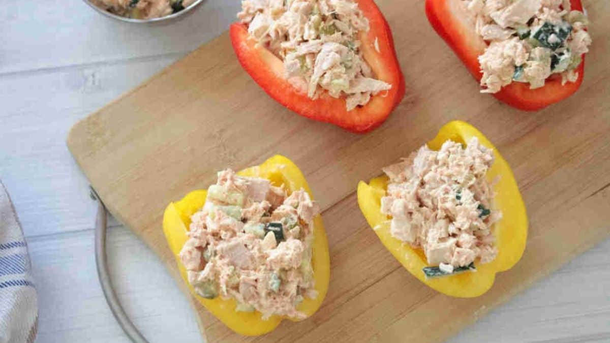 Colorful peppers stuffed with tuna salad.