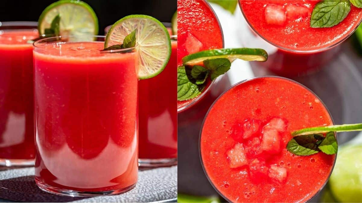 Glasses of watermelon juice with mint and sliced of lime.