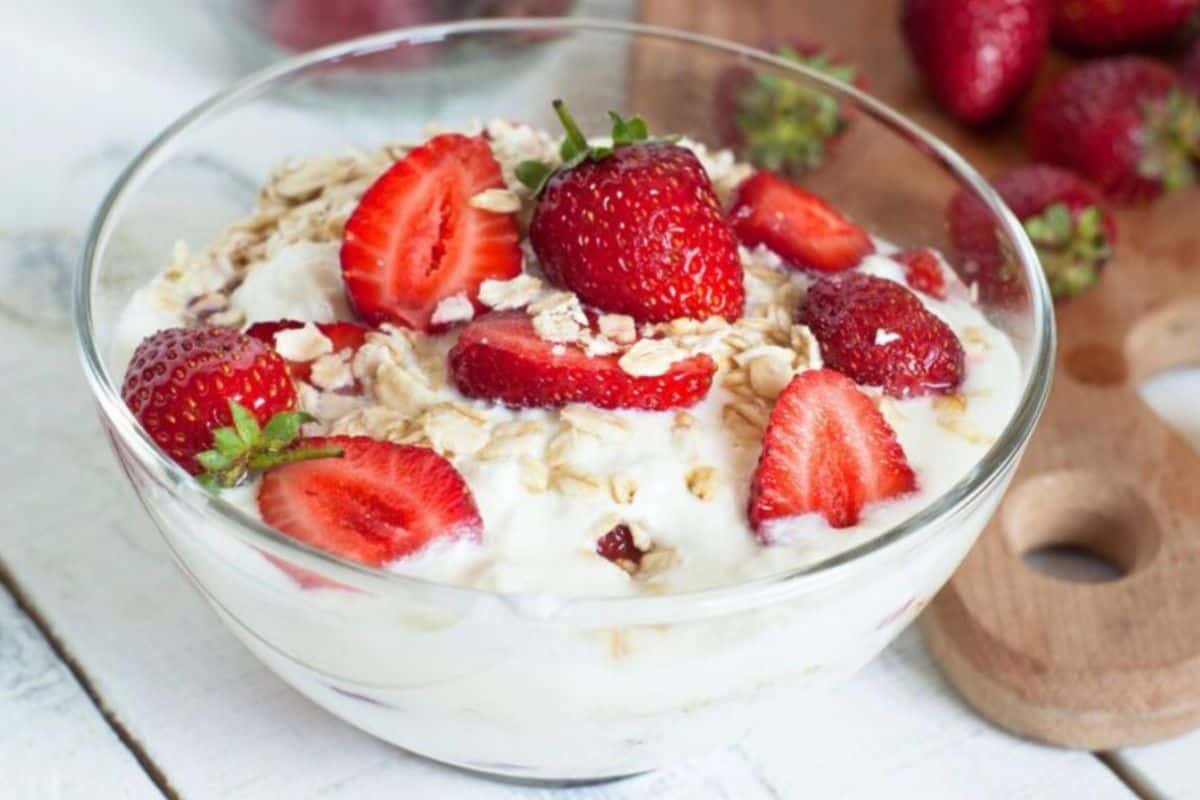bowl of greek yogurt and strawberries