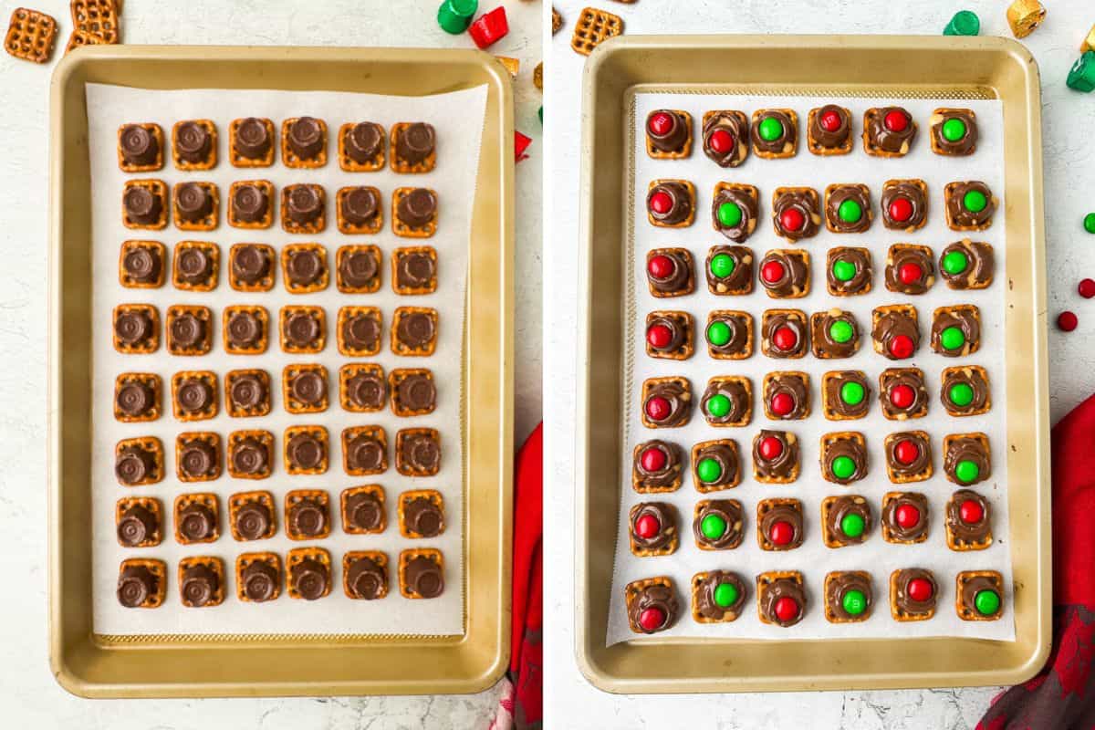 Pretzel with rolo candies and baked pretzel with rolo candy and m&m arranged in a rimmed baking tray with parchment paper