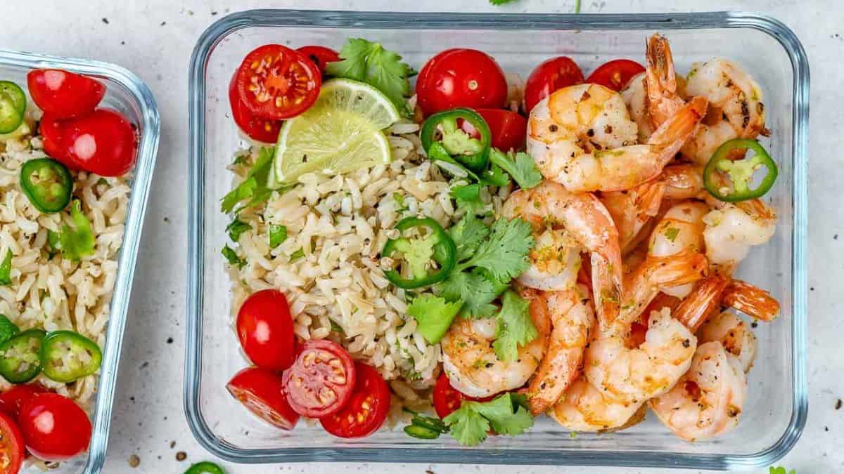 Plated garlic shrimp meal.