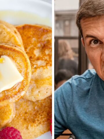 split screen of a man looking annoyed eating and pancakes
