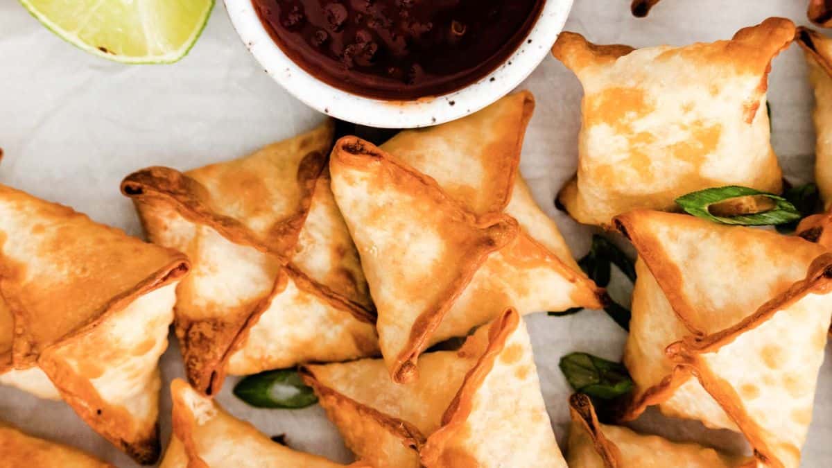 Perfect golden brown an air-fried carab rangoons.