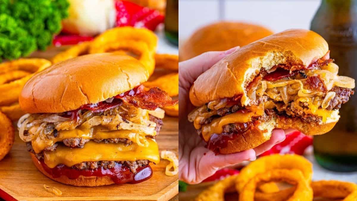 BBQ bacon smash burgers cooked on Blackstone.