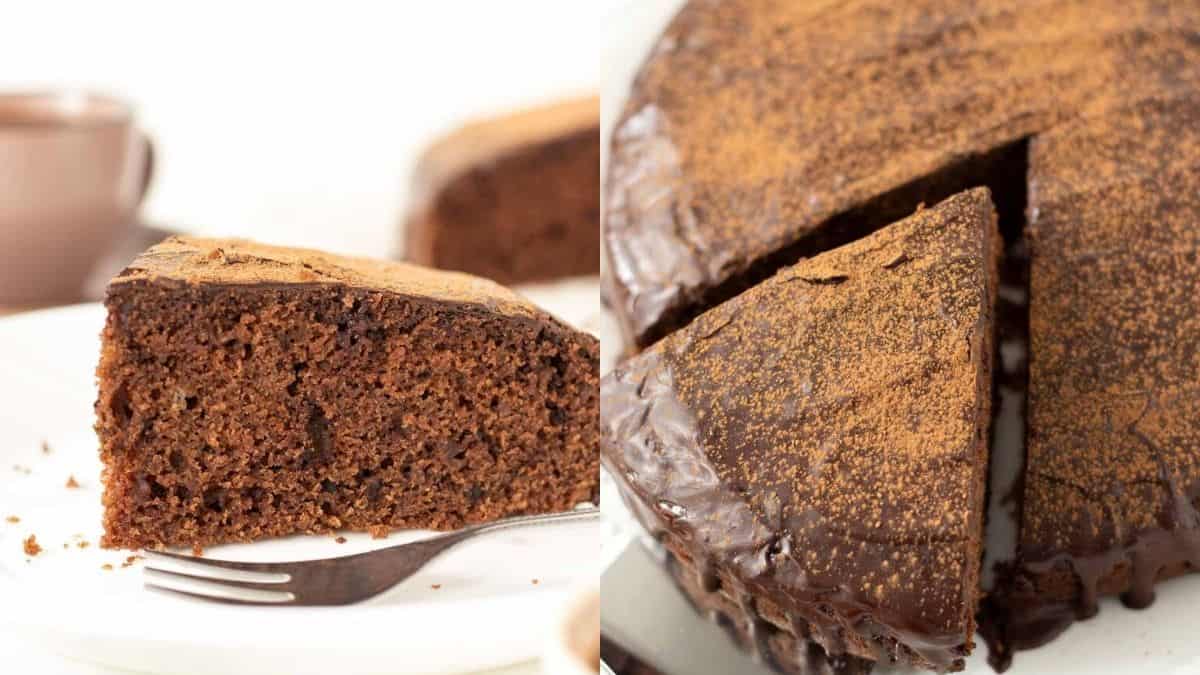A sliced of soft and moist carob cake.