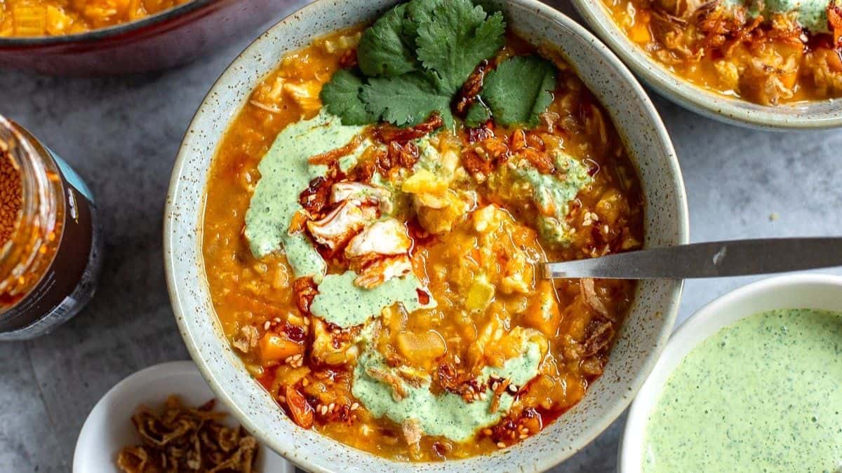 A bowl of chicken lentil soup.